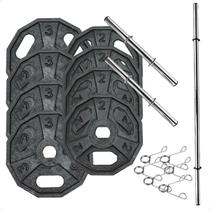 Kit com 20 Kg de Anilhas Dectagonal Ferro Fundido + Barras de Supino e Halteres