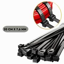 Kit com 200 Abraçadeiras de Nylon 20cm x 7,6mm Preta Uso Profissional, Automotivo, Doméstico Alta Resistência e Proteção UV