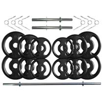Kit com 24 Kg de Anilhas Ferro Fundido + Barras de Supino e Halteres