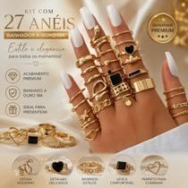 Kit com 27 Anéis Femininos Ajustáveis Banhados a Ouro 18K Mix Luxo com Pedras Pretas e Corações Kit com 27 Anéis Femininos Ajustáveis Banhados a Ouro 18K Mix Luxo com Pedras Pretas e Corações