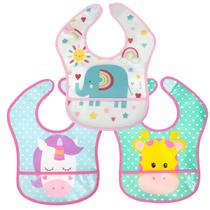 Kit com 3 Babadores Infantil Refeição Alimentação Bebê com Bolso Pega Migalhas Ajuste Buba