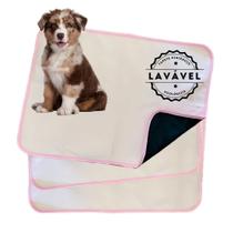 Kit com 3 Banheiro para Cães Tecido Ecológico 70x50 Branco com borda Rosa - 200 Lavagens