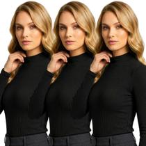 Kit com 3 Blusas Cacharrel Feminina Manga Longa Canelada Gola Alta Casual Ajustada Frio