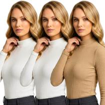 Kit com 3 Blusas Cacharrel Feminina Manga Longa Canelada Gola Alta Casual Ajustada Frio