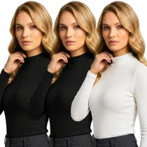 Kit com 3 Blusas Gola Alta Feminina Manga Longa Canelada Cacharrel Casual Frio Inverno