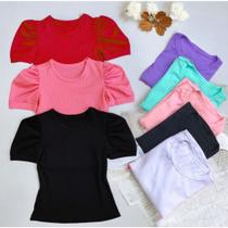 Kit com 3 blusinha manga curta infantil menina manga princesa CORES SORTIDAS