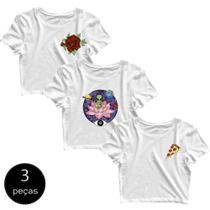 Kit com 3 Blusinhas Cropped Blusa Tshirt Camiseta Feminina Pizza Rosas Flor Alien Et Branca