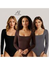 KIT COM 3 BODY FEMININO MANGA LONGA COM DECOTE QUADRADO TECIDO DUPLO Simples Casual elegante F