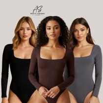 Kit com 3 body manga longa forro duplo decote quadrado mais vendido Kit com 3 body manga longa forro duplo decote quadrado mais vendido