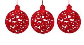 Kit com 3 Bolas de Natal Decorada Arabescos em Camurça Vermelho 8cm Ø