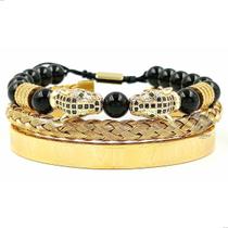 Kit com 3 braceletes luxo premium pantera leopardo - aço inoxidável - jromero artigos