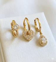 Kit Com 3 Brincos Dourados Com Zircônia Elegante Minimalista Kit Com 3 Brincos Dourados Com Zircônia Elegante Minimalista