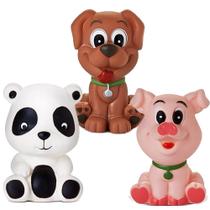 Kit Com 3 Brinquedos De Vinil Para Bebê A Partir De 3 Meses - Cachorro - Panda - Porquinho - Cometa