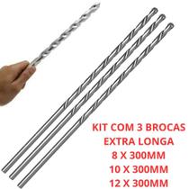 Kit Com 3 Brocas 30CM Videa Widea Longa Para Concreto Parede 8MM 10MM 12MM X 300MM Aço Extra Longa