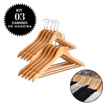 Kit com 3 Cabides de Madeira com Verniz e Gancho Cromado Organize Seu Armário com Sofisticação