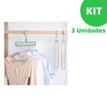 Kit com 3 Cabides Magico 9 Furos Multi-dobrável Organizador
