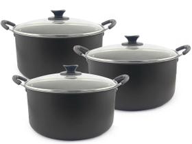 Kit com 3 Caçarolas Tamanho Família Anti Aderente Tampa de Vidro Dona Chefa 24cm 28cm 30cm