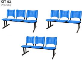 Kit com 3 Cadeiras Longarina PLÁSTICA 03 Lugares Cor Azul Mastcmol