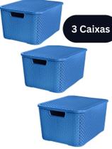 Kit com 3 Caixa Organizadora Cesto Rattan Azul 7 Litros C/ Tampa Empilhável Roupa Brinquero Dentista Envio Imediato - N.variedades