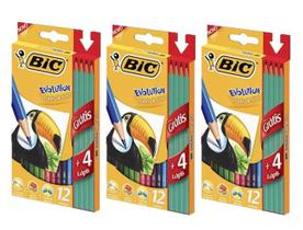 Kit Com 3 Caixas de Lápis de Cor Sextavado Bic Revolution Com 12 Lápis Coloridos e 4 Lápis Preto HB2