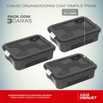 Kit Com 3 Caixas Organizadoras 28 Litros Preto Com Travas Uninjet