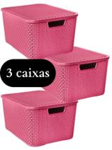 Kit Com 3 Caixas Organizadoras Cesto Rattan Baby Rosa 7 Litros C/ Tampa Empilhável Roupa Brinquedo Dentista - N.variedades