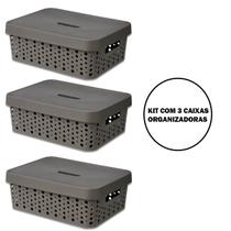 Kit Com 3 Caixas Organizadoras Multiuso Com Tampa 11L Marrom