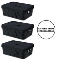 Kit Com 3 Caixas Organizadoras Multiuso Com Tampa 11L Preto