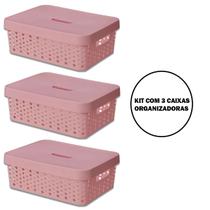 Kit Com 3 Caixas Organizadoras Multiuso Com Tampa 11L Rose