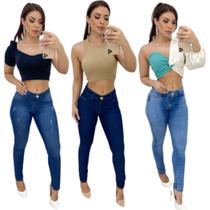 Kit Com 3 Calças Jeans Feminina Skinny Cintura Alta e Lycra