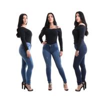 Kit Com 3 Calças Jeans Feminina Skinny Cintura Média Levanta Bum Bum