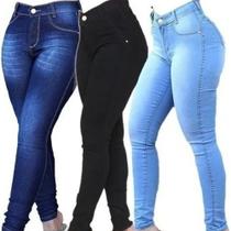 kit com 3 calças Jeans Feminina Skinny Cós Alto que empina Hot Pants Cintura Alta Com Lycra Strech