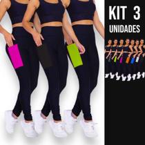 Kit com 3 Calças Leg Legging COM BOLSOS Cintura Alta Fitness Treino Casual Corrida Academia 657