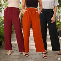 Kit Com 3 Calças Pantalona Wide Leg Cintura Alta Duna Feminina Social