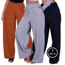 Kit Com 3 Calças Wide Leg Pantalona Lisa Com Bolsos Moda - c9 KIT 3 WIDE LEG PRETO CARAMELO E CINZA