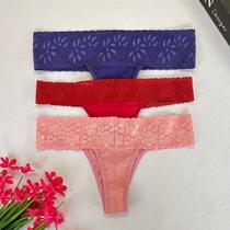Kit Com 3 Calcinhas Fio Dental Renda Forro em Algodão Sexy