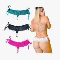 Kit com 3 calcinhas tailandesa sexy aberta pérolas com amarração nas laterais