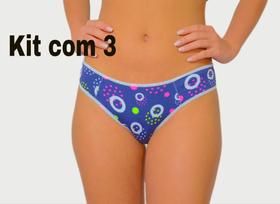Kit com 3 calcinhas tipo tanga suplex com forro de algodão