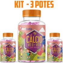 Kit Com 3 Cálcio Infantil Vitaminas D e K Sabor Morango 600mg 90 Capsulas Medcombo