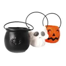Kit Com 3 Caldeirões Halloween Balde Abóbora Caveira e Bruxa