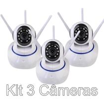 Kit com 3 Câmeras de Segurança Wifi Ip Sem Fio 360 3 Antenas RJ45 HD Visão Noturna Com Alarme