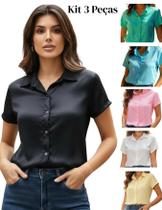 Kit Com 3 Camisas Sociais Femininas Manga Curta Tshirt Elegante Soltinha Fresca Leve Camisa De Escritorio Em Linho Alfaiataria Lisa Kit Com 3 Camisas Sociais Femininas Manga Curta Tshirt Elegante Soltinha Fresca Leve Camisa De Escritorio Em Linho Alfaiataria Lisa