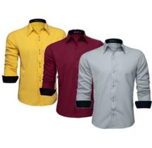 Kit com 3 Camisas Social Masculina Manga Longa Lisa Slim (Amarelo, Vinho, Cinza)