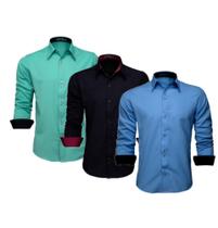 Kit com 3 Camisas Social Slim Manga Longa Lisa Slim (Preta, Azul Pérola, Verde)