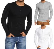 KIT COM 3 Camiseta HENLEY Classic SLIM FIT Manga Longa Gola Portuguesa