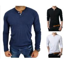 KIT com 3 Camiseta HENLEY Slim Fit Manga Longa 2 BOTÕES - 1 Branca, 1 Preta, 1 Azul Marinho