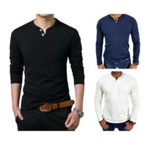 KIT com 3 Camiseta HENLEY Slim Fit Manga Longa 2 BOTÕES - 1 Preta, 1 Azul Marinho, 1 Marfim
