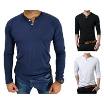 KIT COM 3 Camisetas Henley J Silver Slim Fit Manga Longa 2 Botões