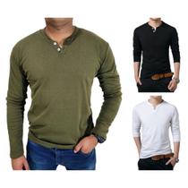 KIT COM 3 Camisetas Henley J Silver Slim Fit Manga Longa 2 Botões