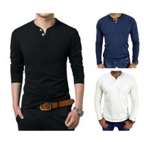 KIT COM 3 Camisetas Henley J Silver Slim Fit Manga Longa 2 Botões
